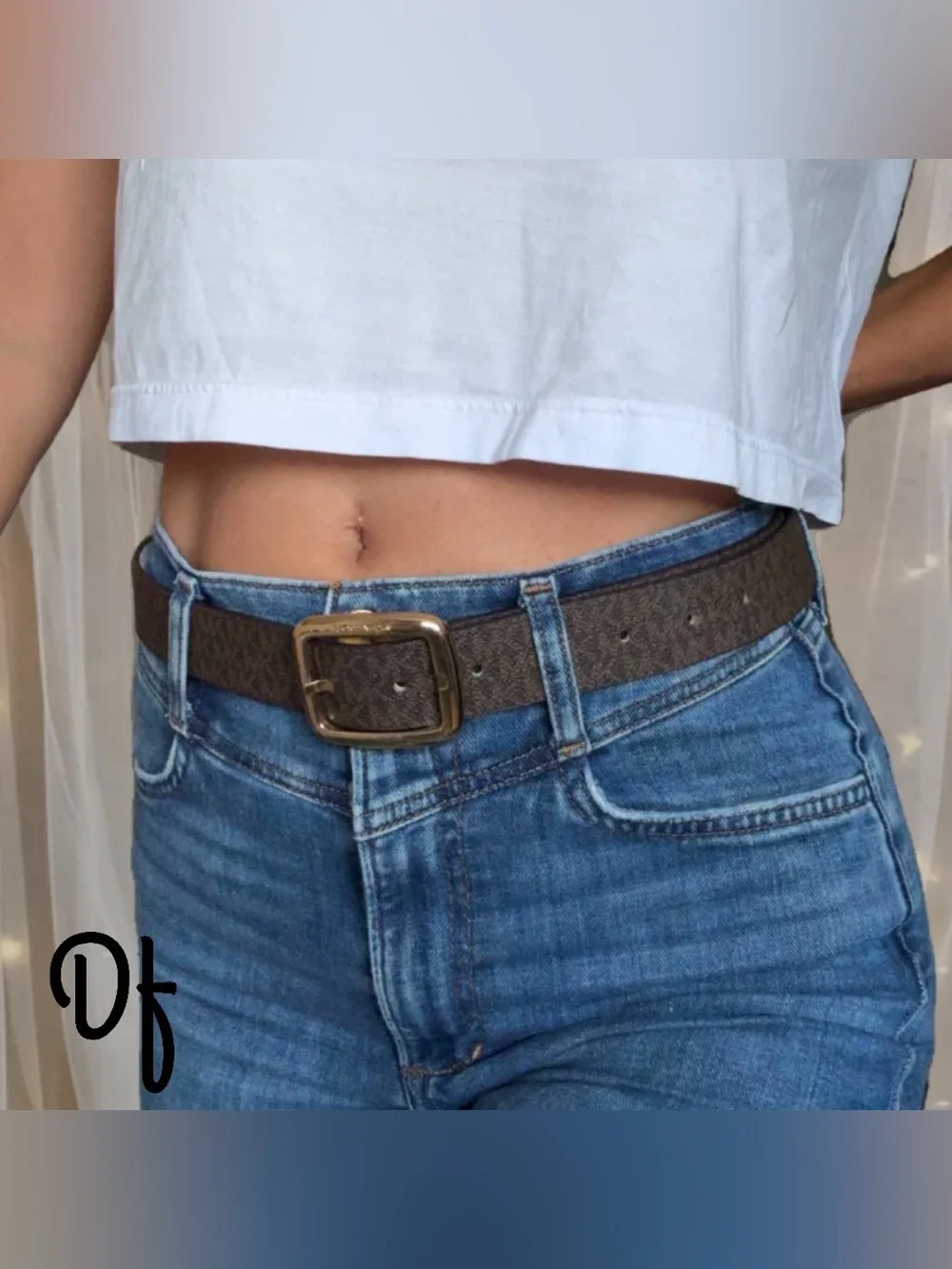 Reversible MK Womens Monogram Leather Belt with Gold Buckle
